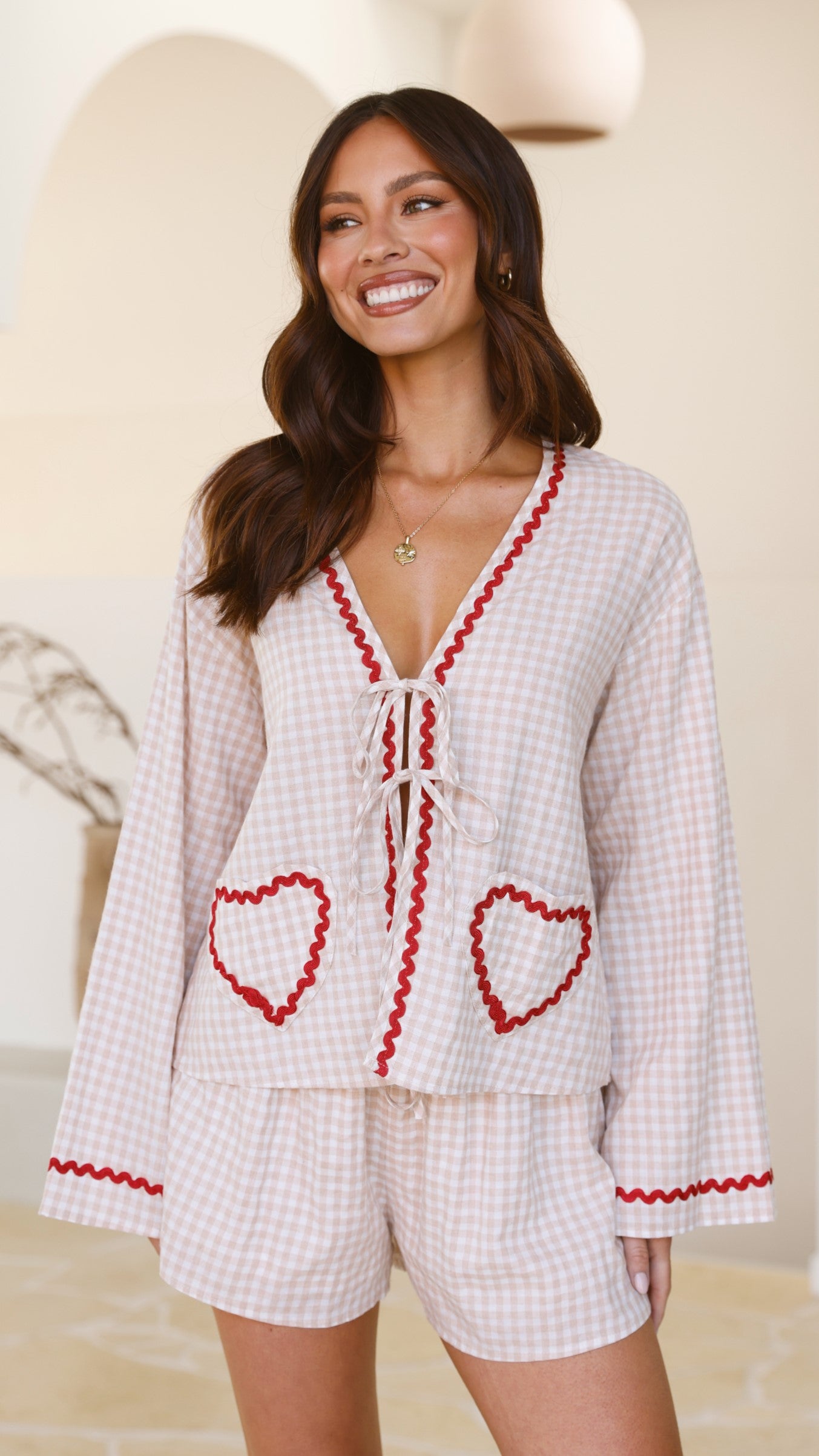 Maia Top and Shorts Set - Beige/Red Gingham - Billy J