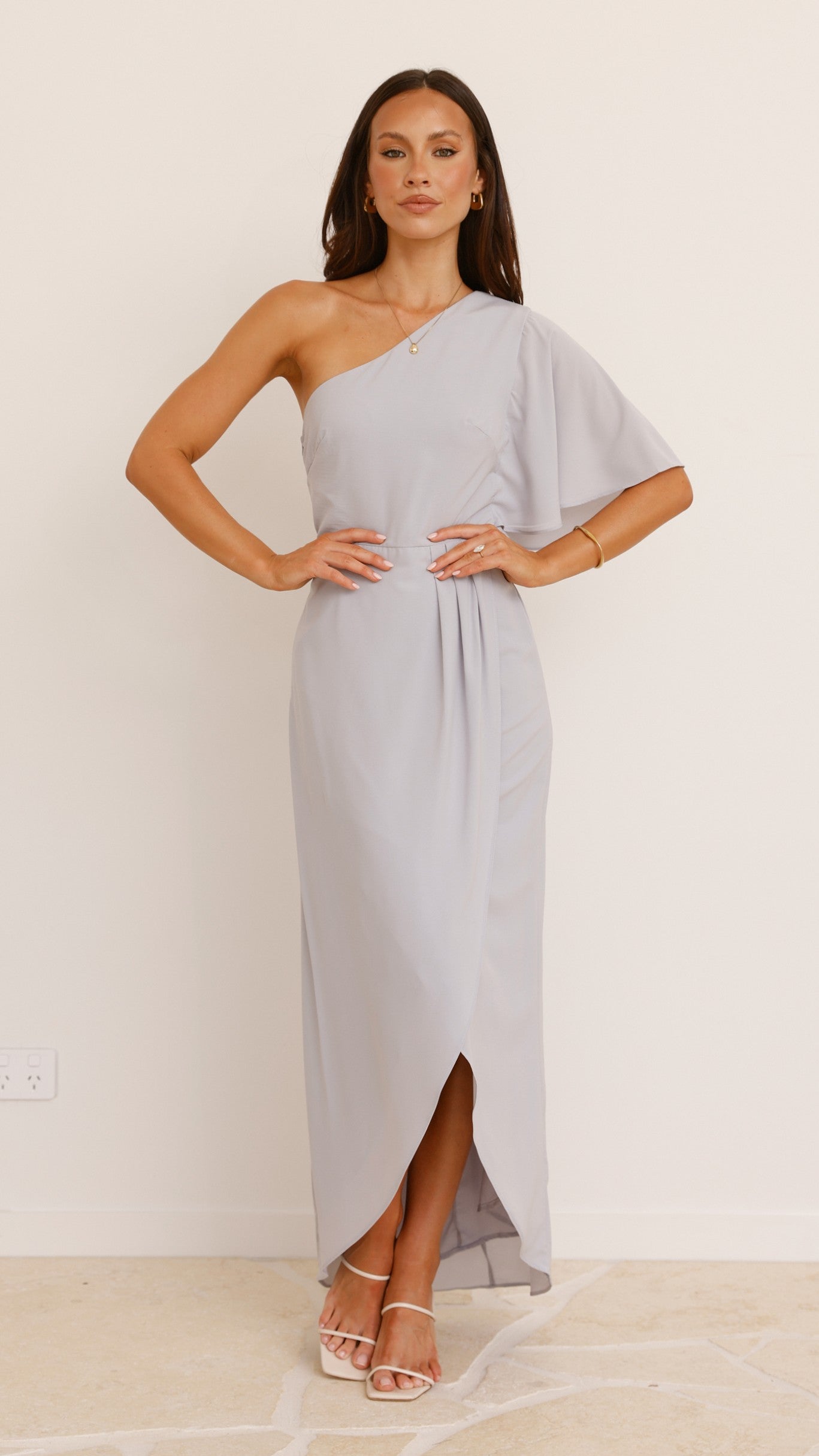 Emma One Sleeve Maxi Dress - Silver - Billy J