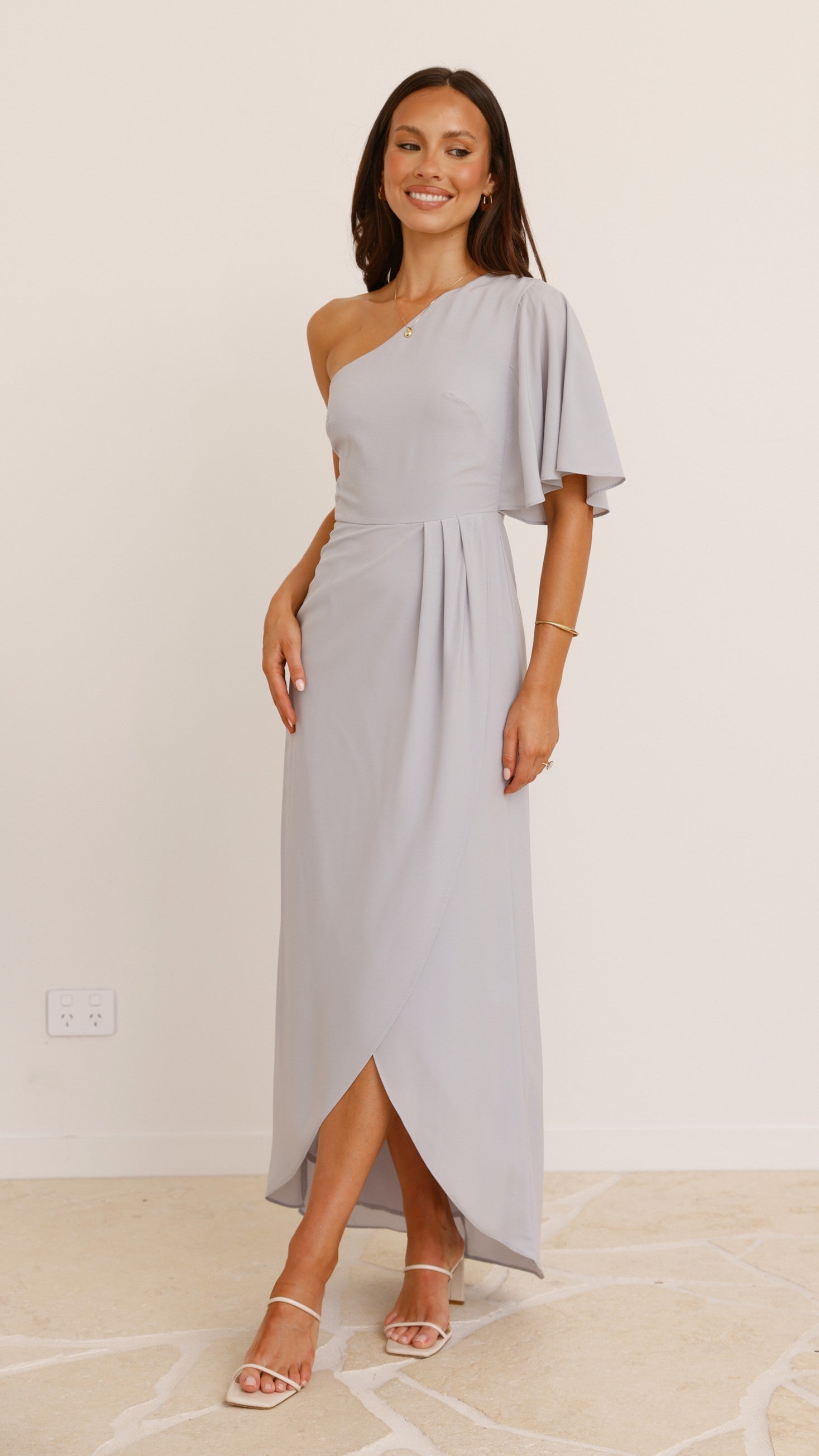 Emma One Sleeve Maxi Dress - Silver - Billy J