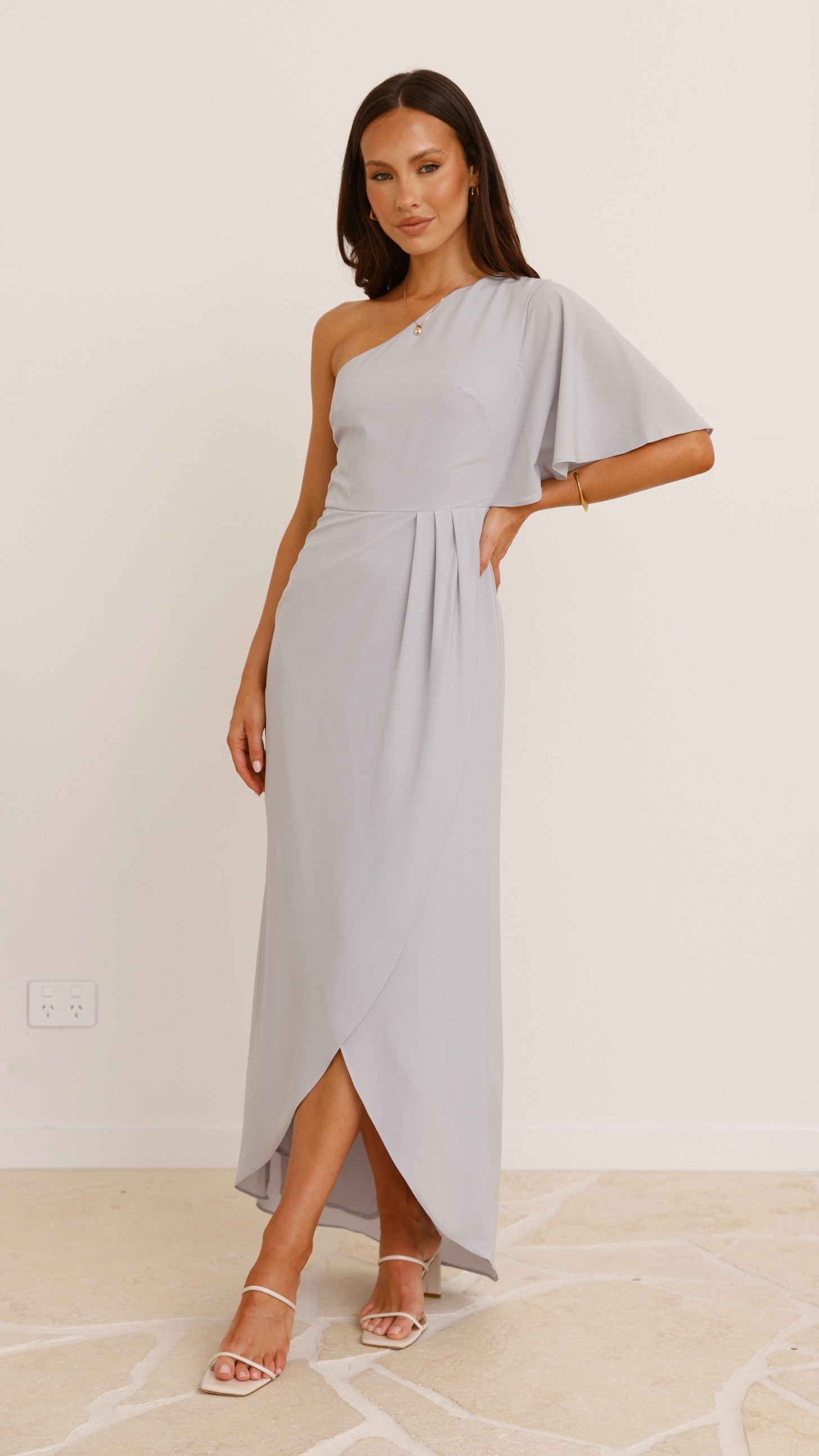 Emma One Sleeve Maxi Dress - Silver - Billy J