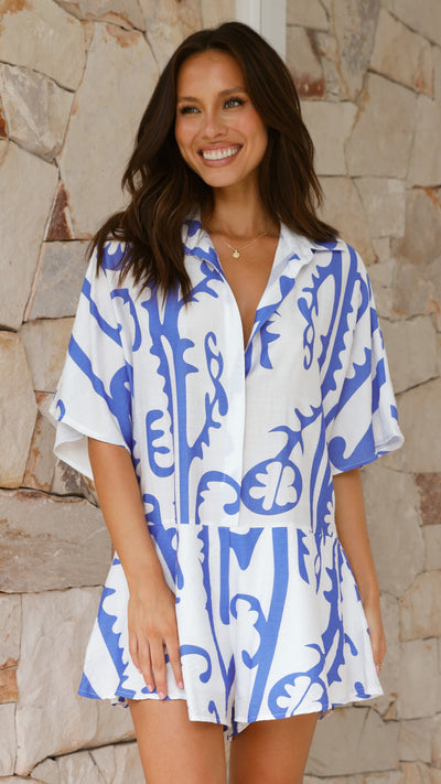 Load image into Gallery viewer, Aralyn Playsuit - White / Blue Tribal
