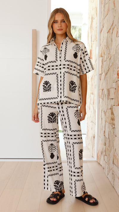 Load image into Gallery viewer, Rada Button Up Shirt and Pants Set - White / Black Print - Billy J
