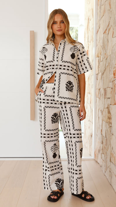 Load image into Gallery viewer, Rada Button Up Shirt and Pants Set - White / Black Print - Billy J
