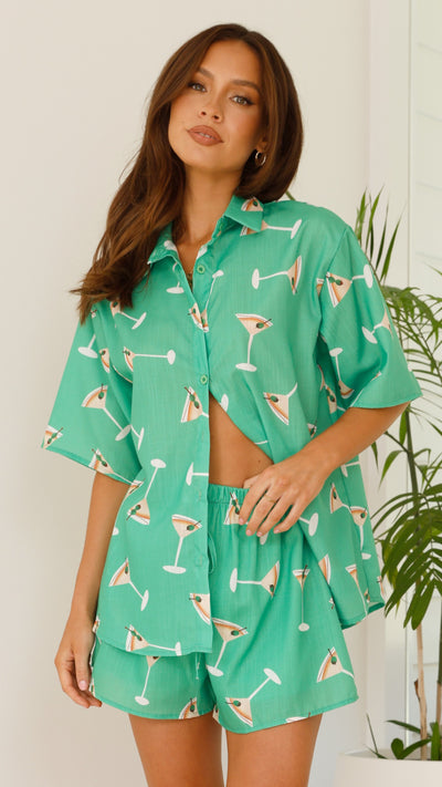 Load image into Gallery viewer, Charli Button Up Shirt and Shorts Set - Green Martini
