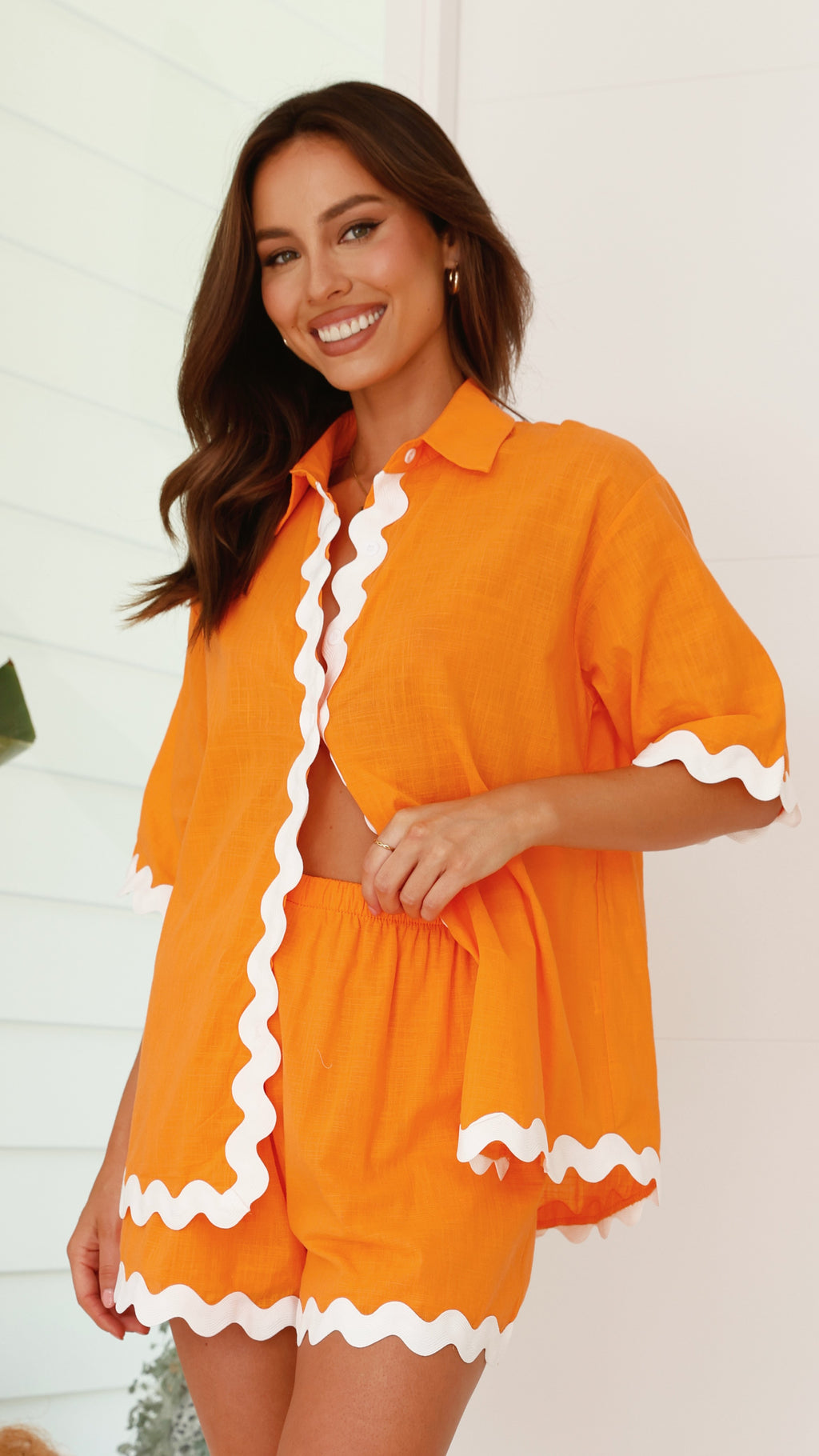 Carly Button Up Shirt and Shorts - Orange/White - Billy J