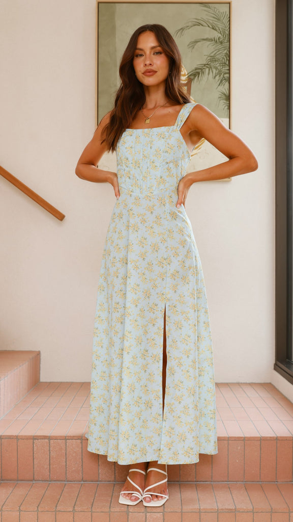 Kalea Midi Dress - Blue / Yellow Floral - Billy J