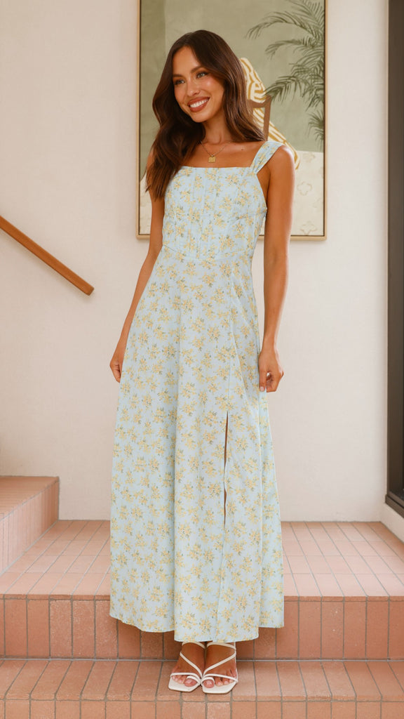 Kalea Midi Dress - Blue / Yellow Floral - Billy J