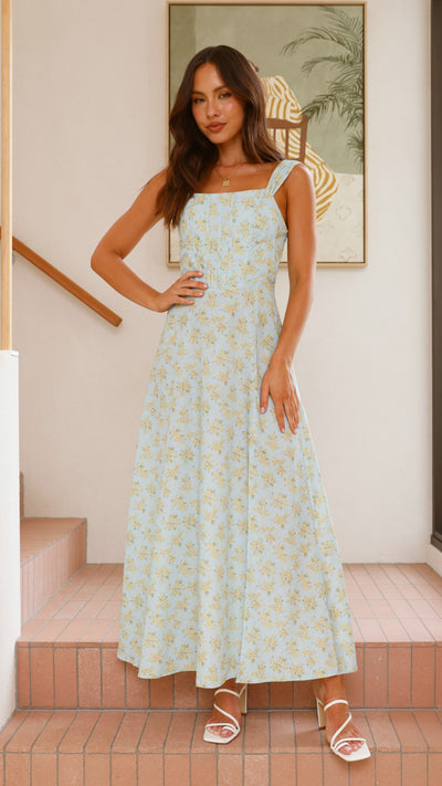 Load image into Gallery viewer, Kalea Midi Dress - Blue / Yellow Floral - Billy J
