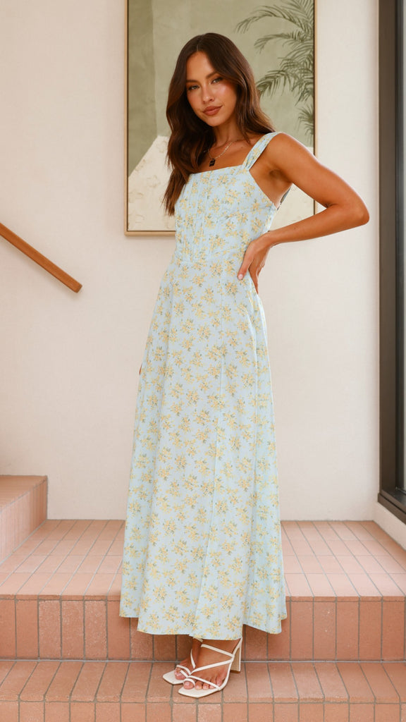 Kalea Midi Dress - Blue / Yellow Floral - Billy J