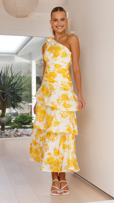 Load image into Gallery viewer, Odilie One Shoulder Maxi Dress - Yellow Floral - Billy J
