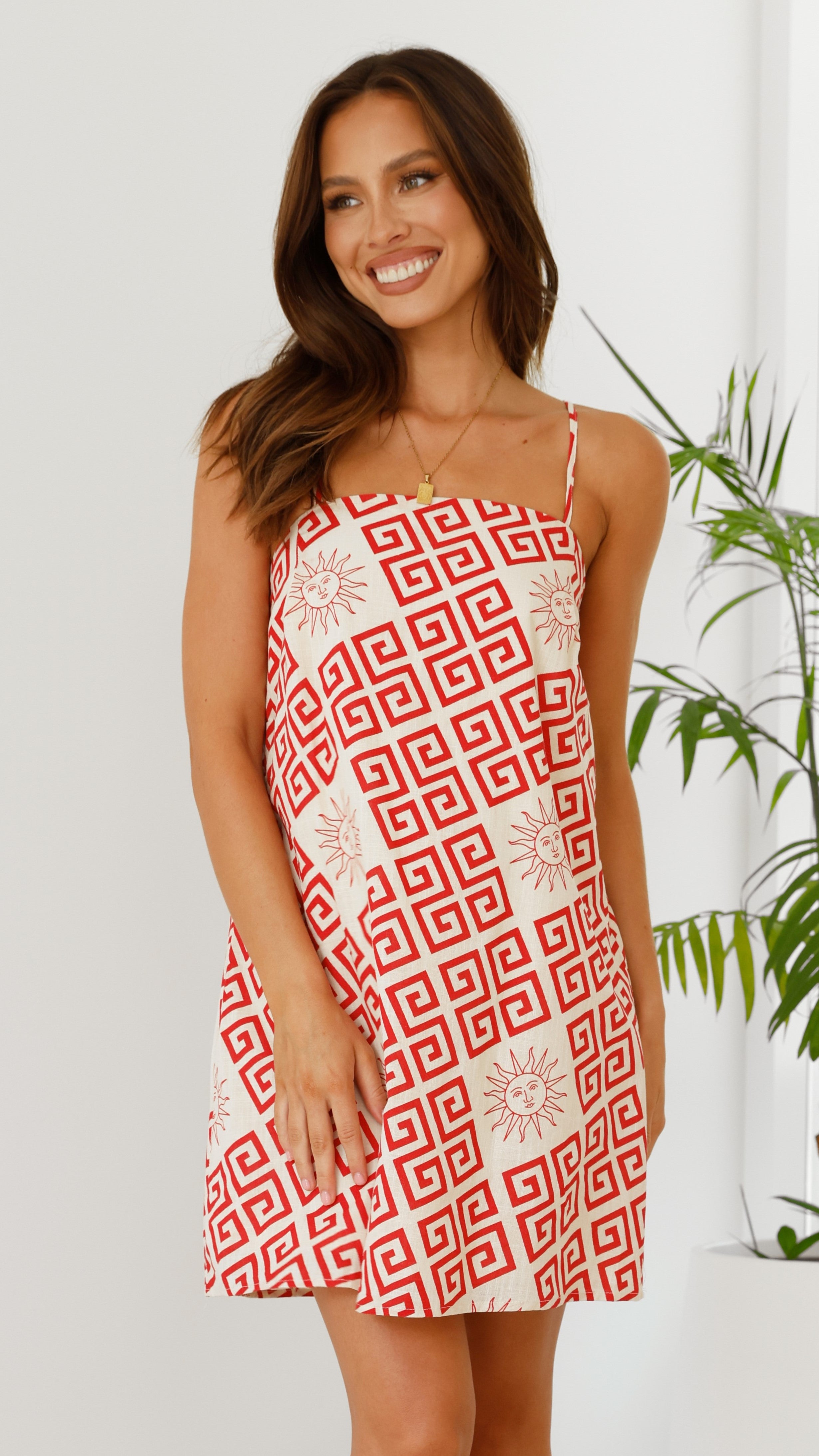 Bethani Mini Dress - Beige / Red Greek Sun