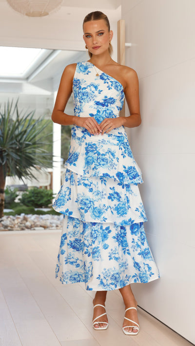 Load image into Gallery viewer, Odilie One Shoulder Maxi Dress - Blue Floral - Billy J
