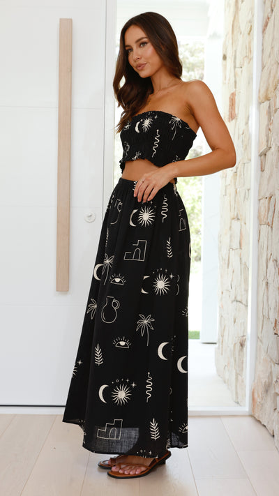 Load image into Gallery viewer, Abeba Strapless Top and Midi Skirt Set - Black / Beige Sun Vase
