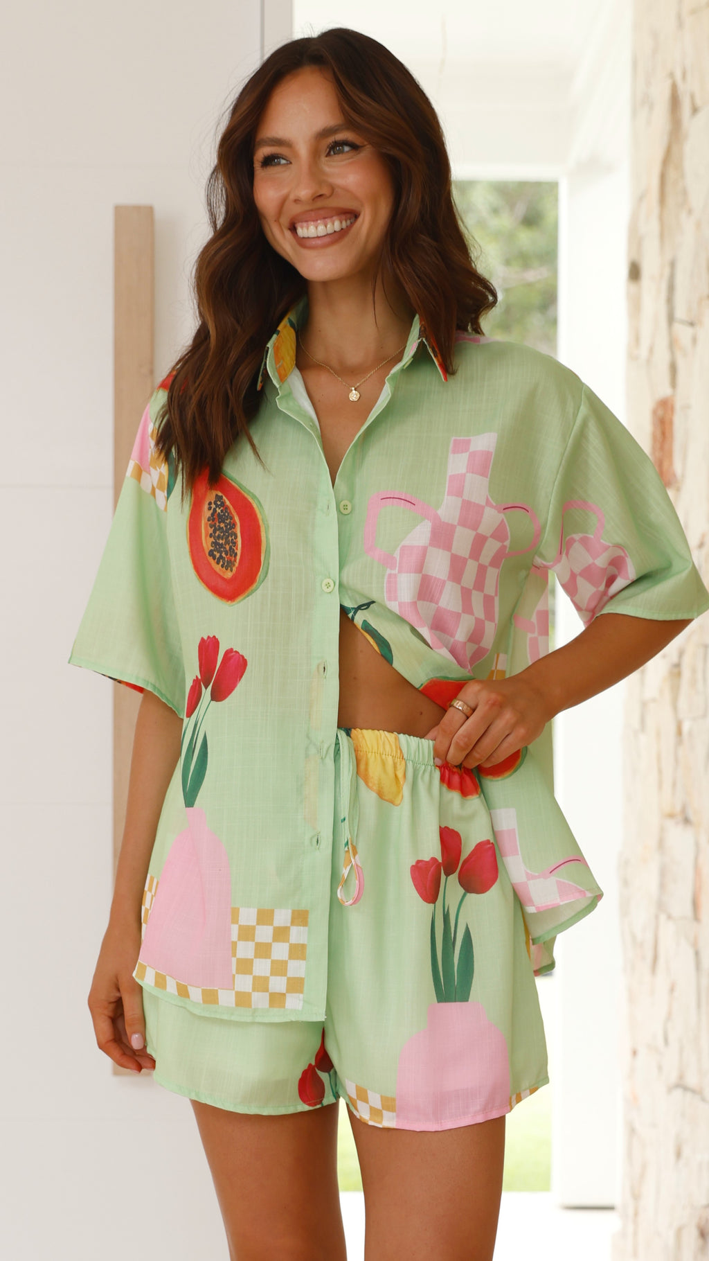 Charli Button Up Shirt and Short Set - Green Vase Print