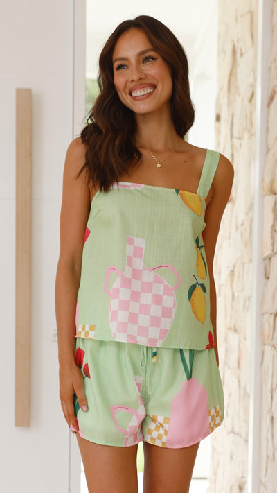 Load image into Gallery viewer, Addison Top and Shorts Set - Green Vase Print
