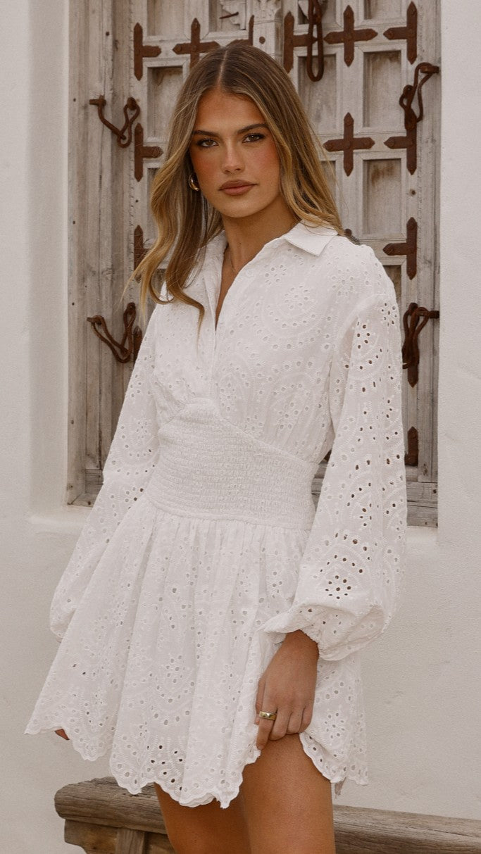 Brittney Long Sleeve Mini Dress - White - Billy J