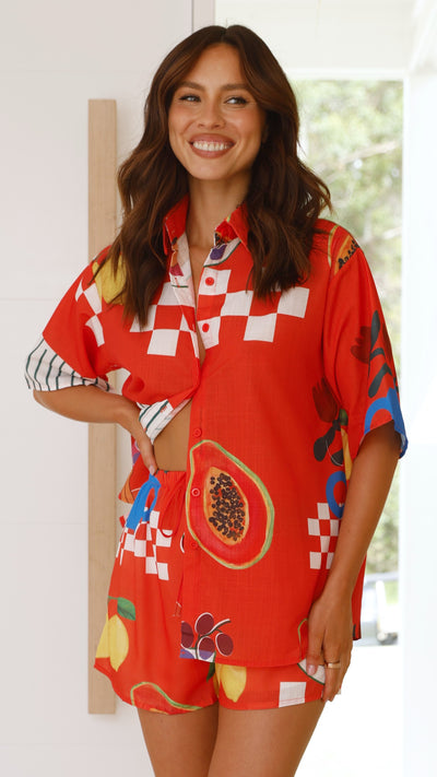 Load image into Gallery viewer, Charli Button Up Shirt and Short Set - Red Papaya Print
