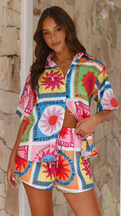 Load image into Gallery viewer, Charli Button Up Shirt and Short Set - Multi Colour Sun Print
