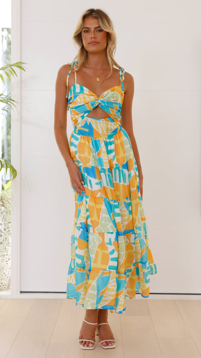 Load image into Gallery viewer, Yaritza Maxi Dress - Blue / Orange Print
