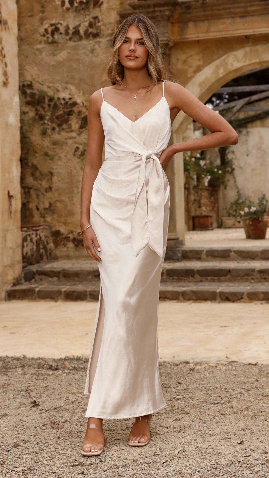 Yasmeen Tie Front Maxi Dress - Champagne - Billy J