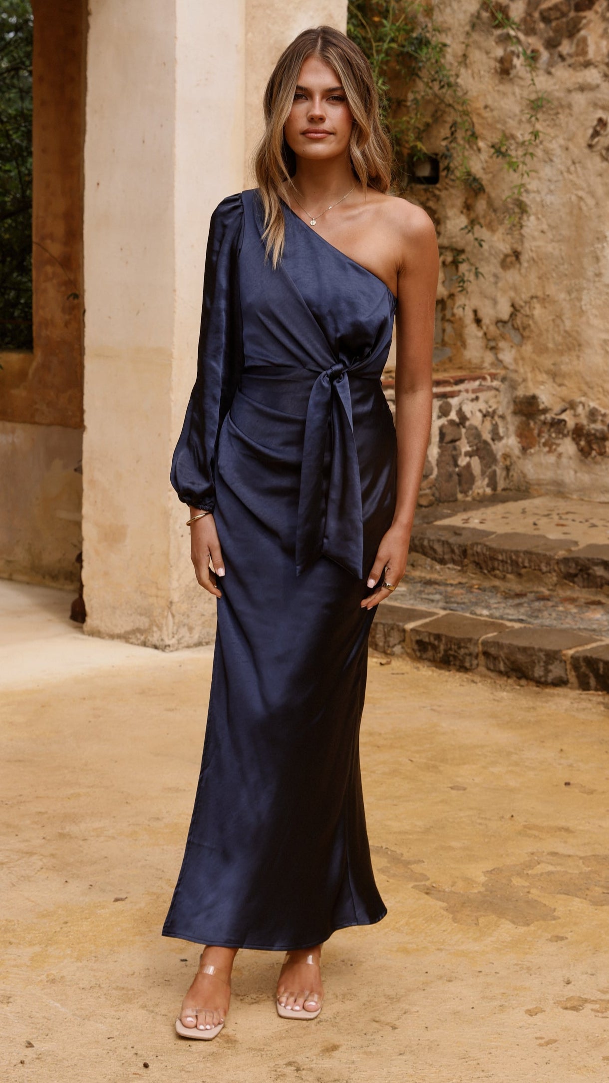 Eden One Shoulder Tie Front Maxi Dress - Navy - Billy J
