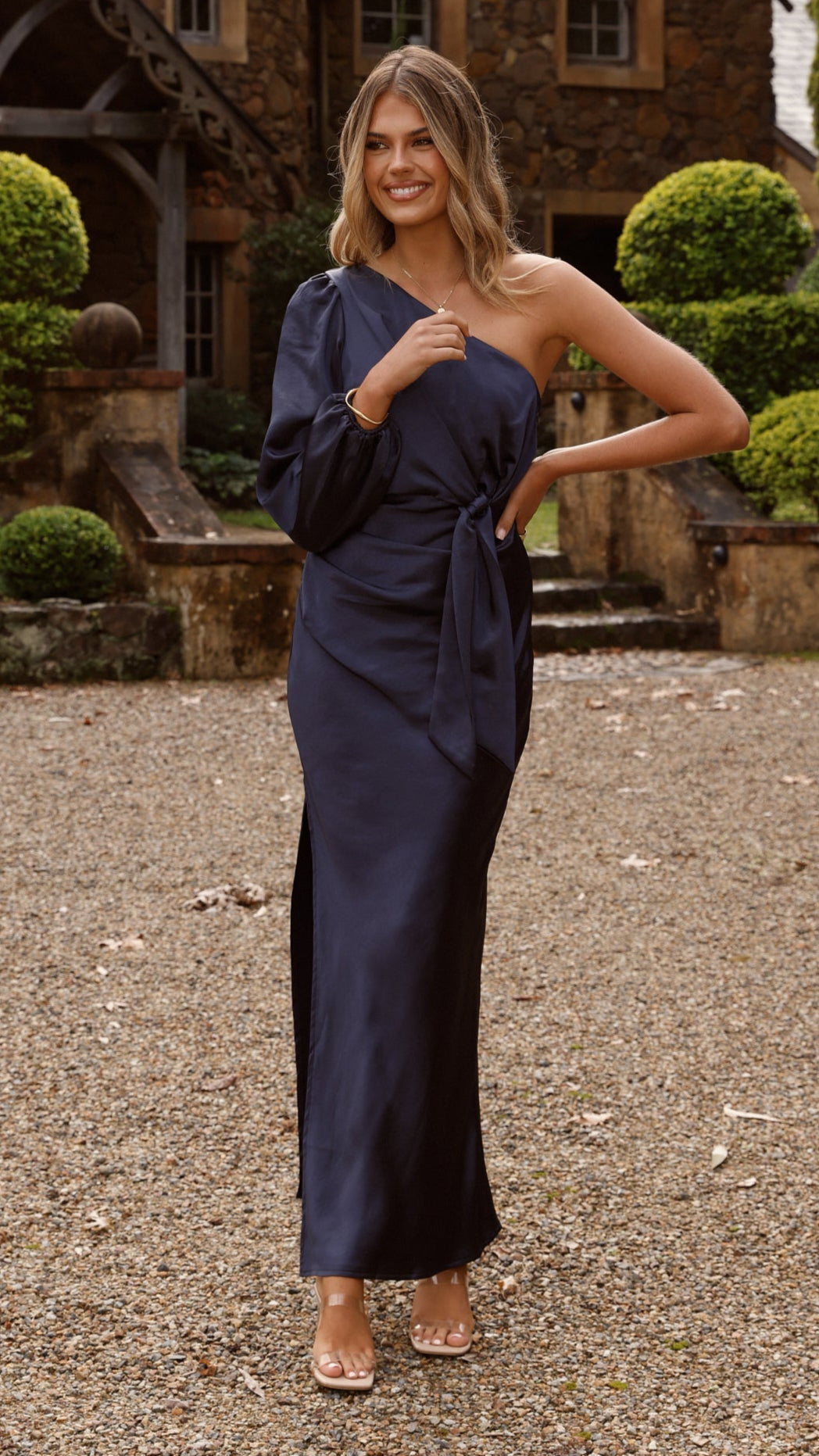 Eden One Shoulder Tie Front Maxi Dress - Navy - Billy J