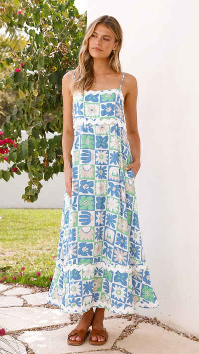 Load image into Gallery viewer, Caity Maxi Dress - Blue/Green Print - Billy J
