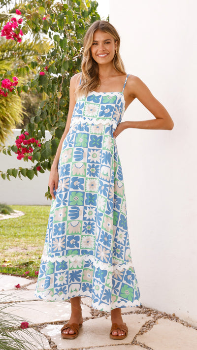 Load image into Gallery viewer, Caity Maxi Dress - Blue/Green Print - Billy J
