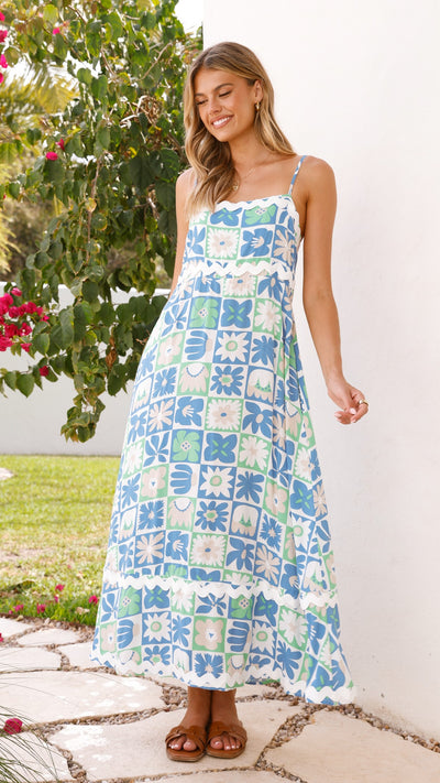 Load image into Gallery viewer, Caity Maxi Dress - Blue/Green Print - Billy J
