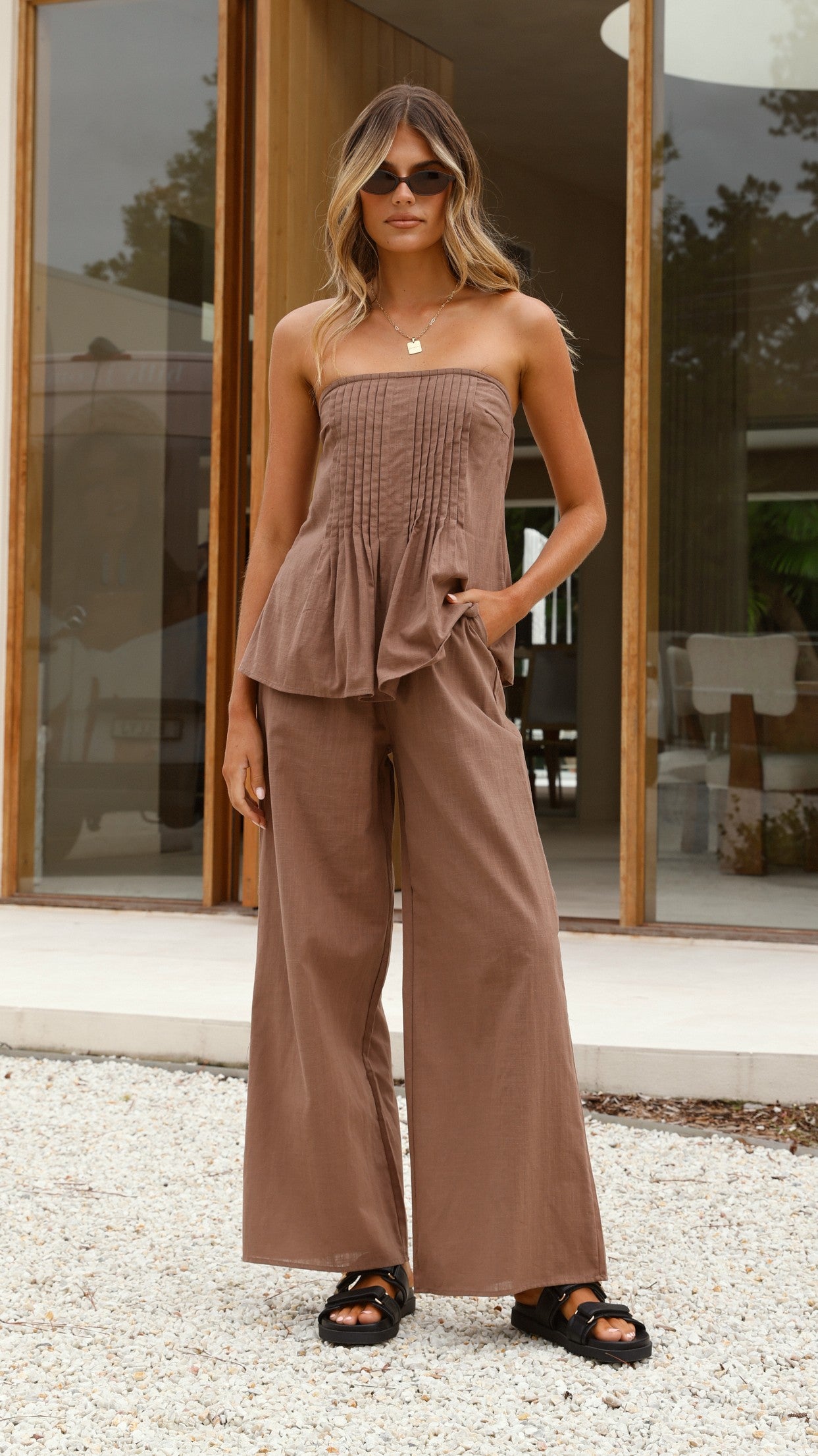 Sharni Strapless Pleat Top and Pants Set - Chocolate - Billy J