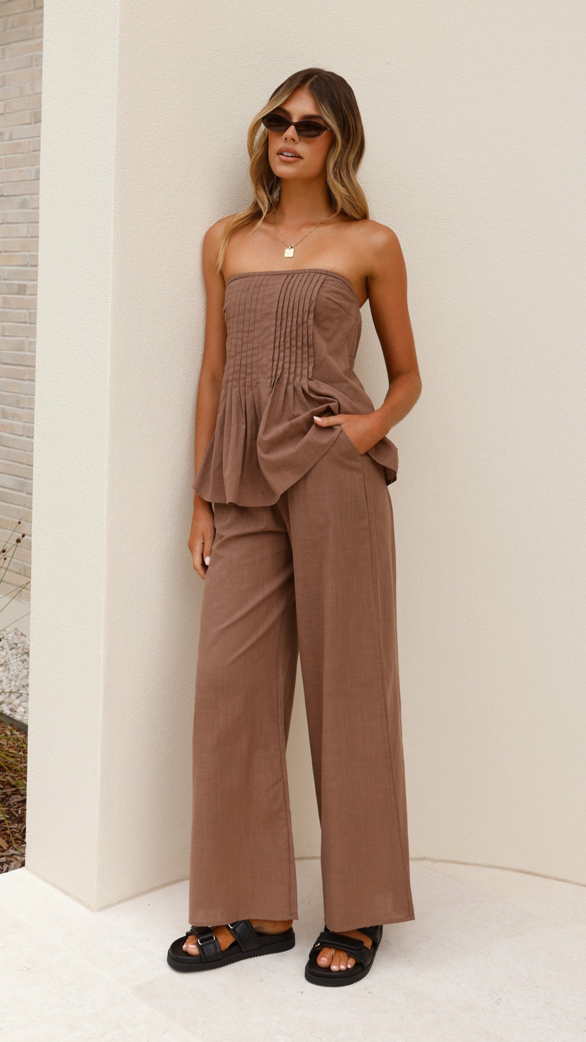 Sharni Strapless Pleat Top and Pants Set - Chocolate - Billy J