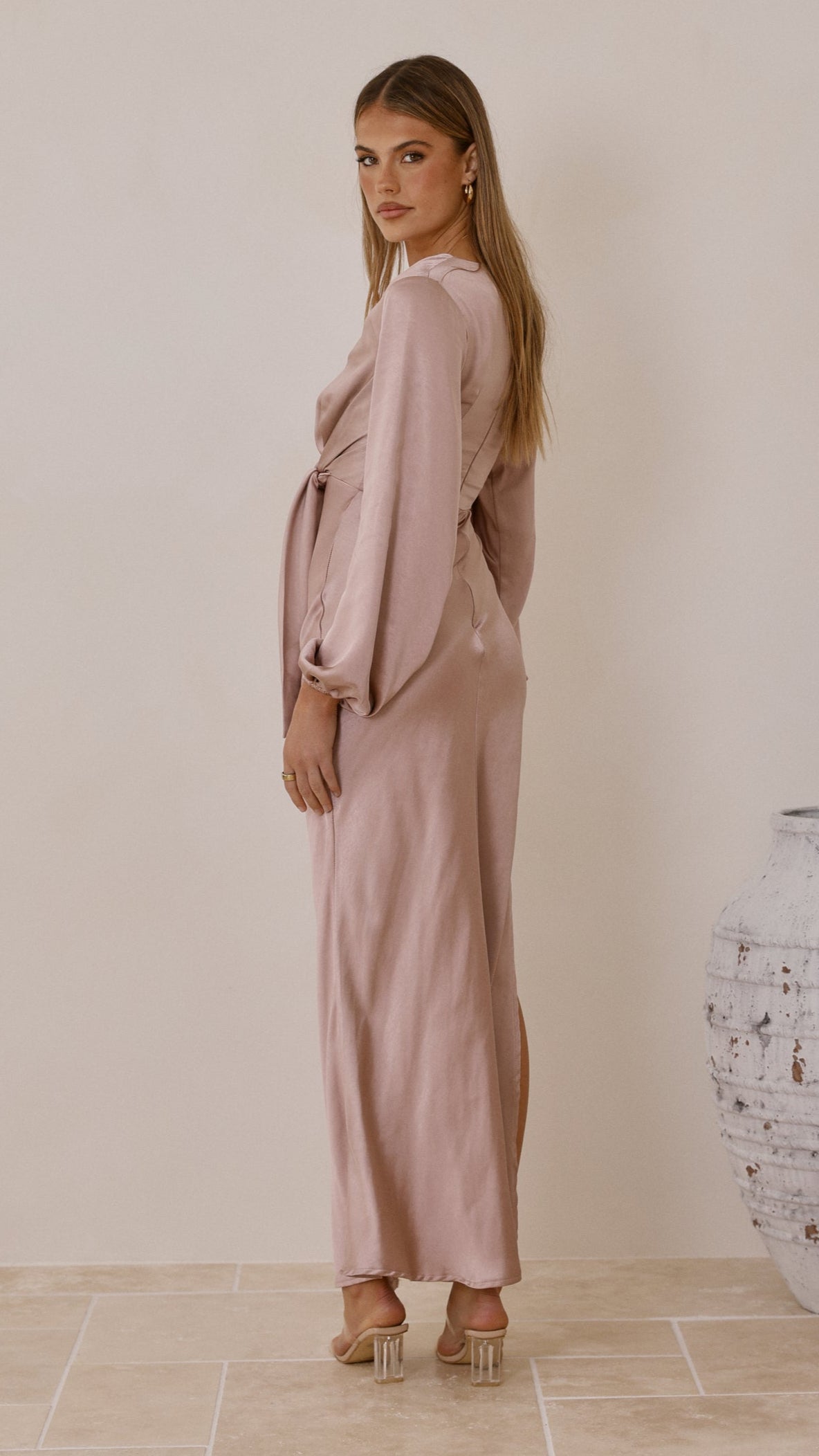 Ivy Long Sleeve Tie Front Maxi Dress - Dusty Pink - Billy J