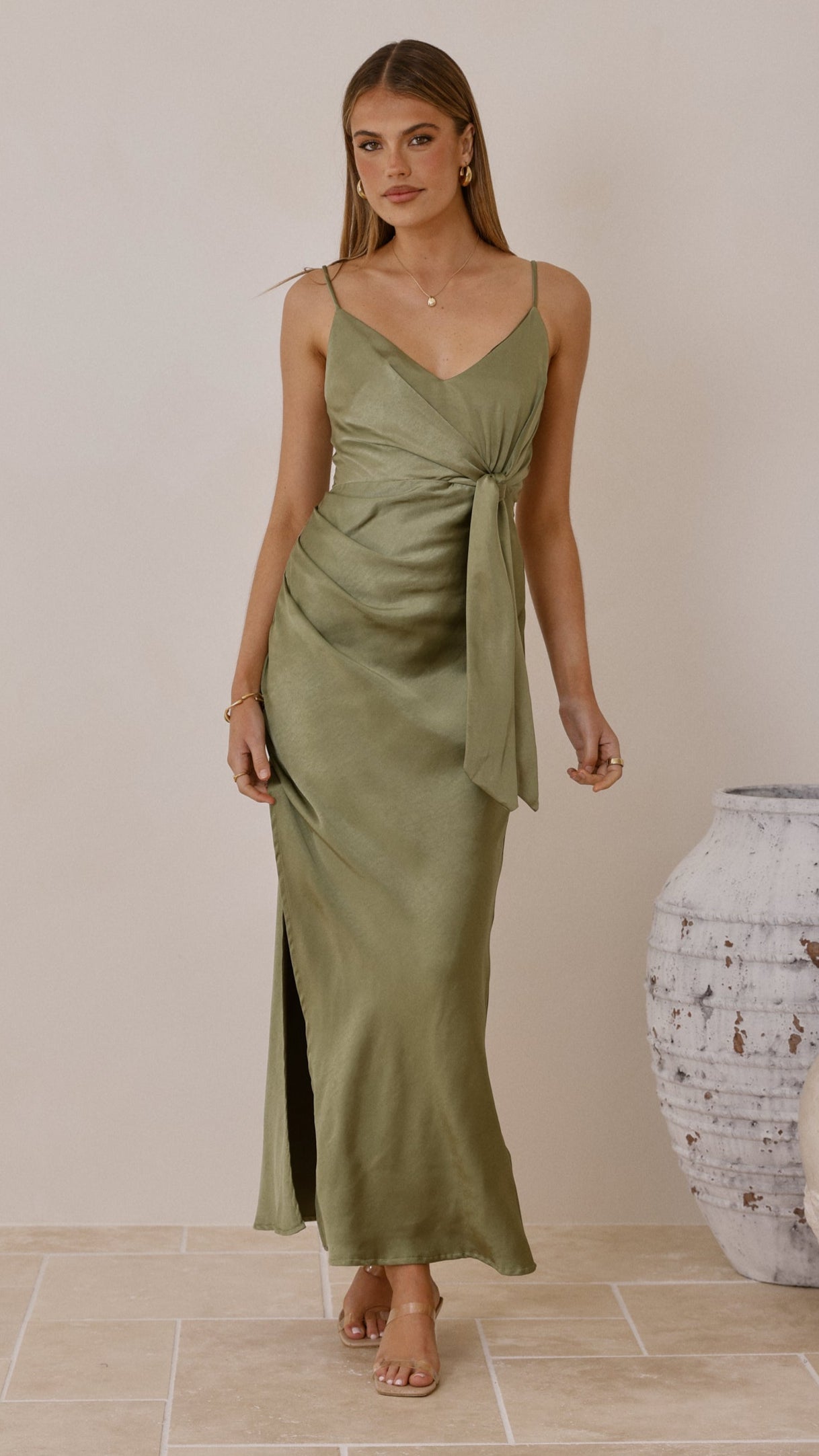 Yasmeen Tie Front Maxi Dress - Olive - Billy J