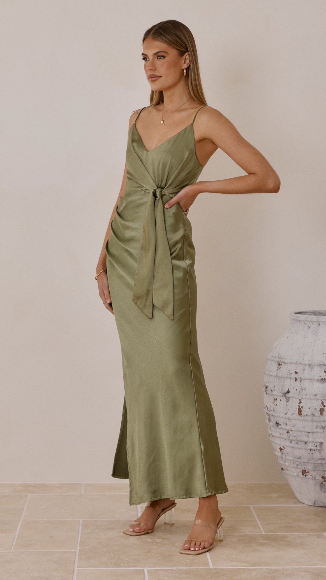 Yasmeen Tie Front Maxi Dress - Olive - Billy J