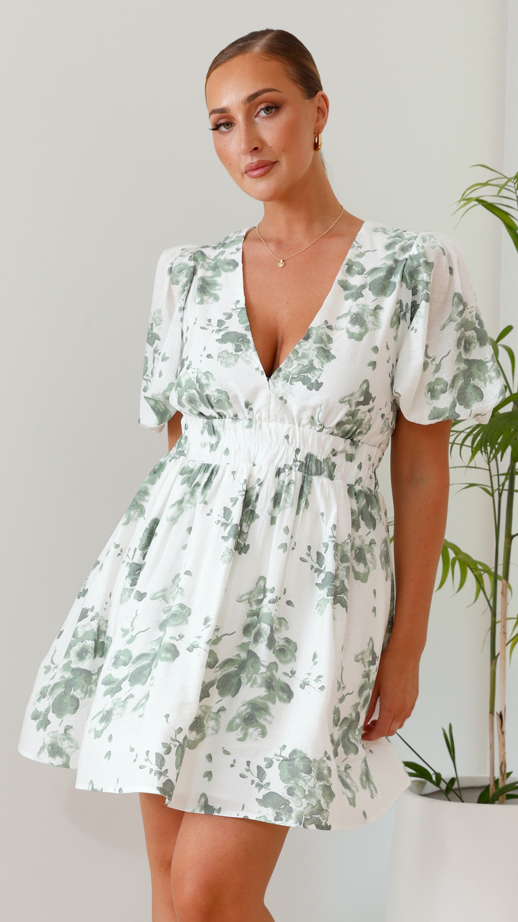 Erin Mini Dress - Green/White Floral