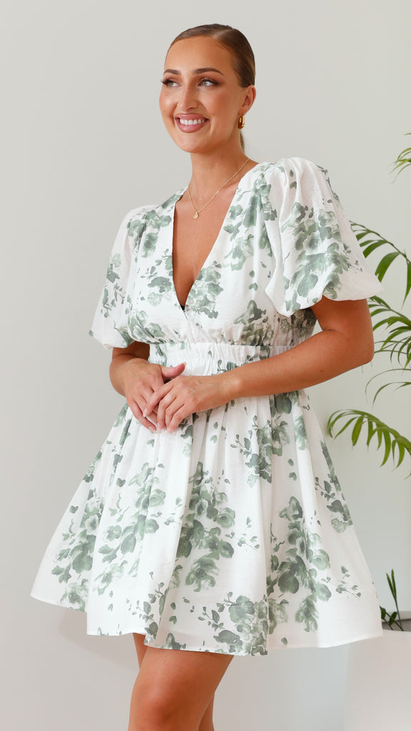 Erin Mini Dress - Green/White Floral - Billy J