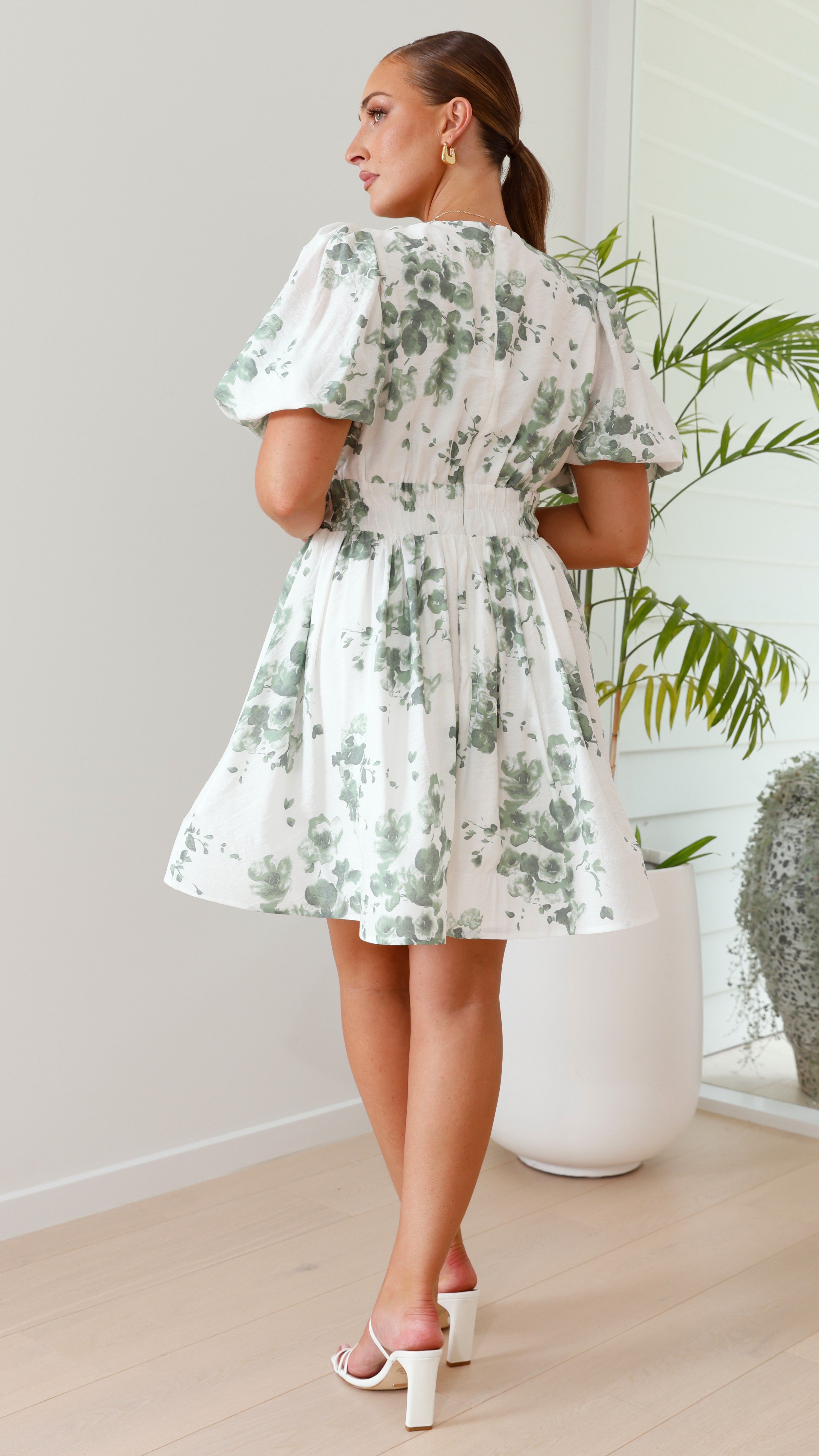 Erin Mini Dress - Green/White Floral