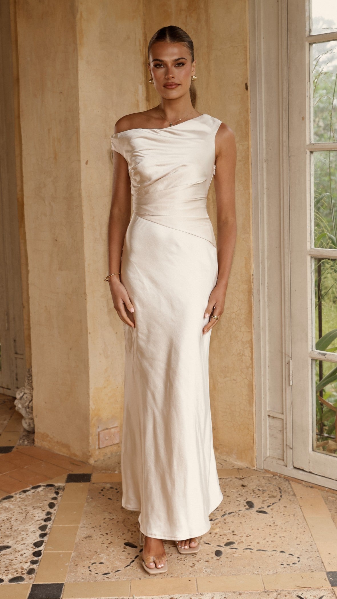 Auria Off Shoulder Maxi Dress - Champagne - Billy J
