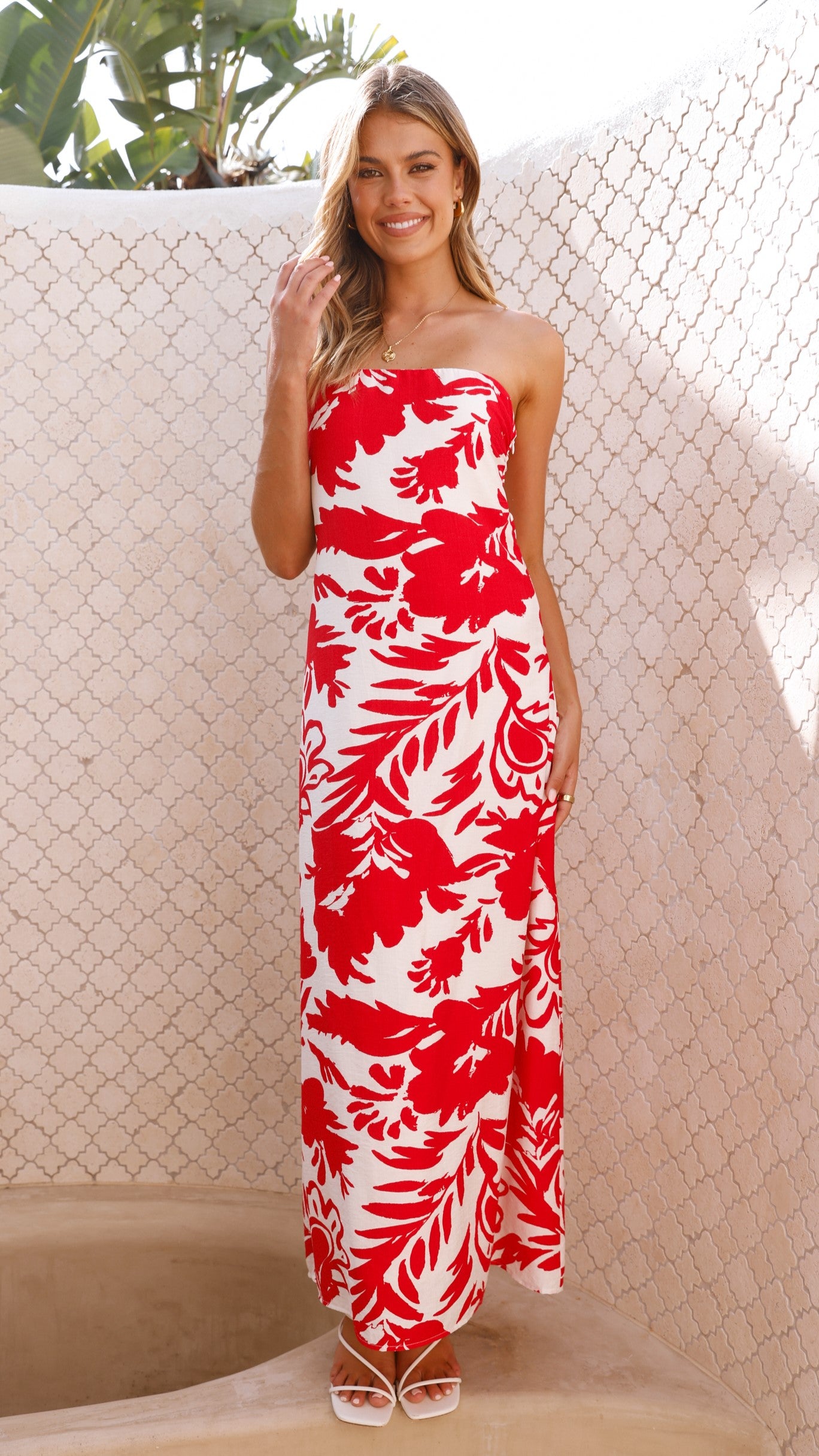 Uzma Strapless Maxi Dress - Red / White Print - Billy J