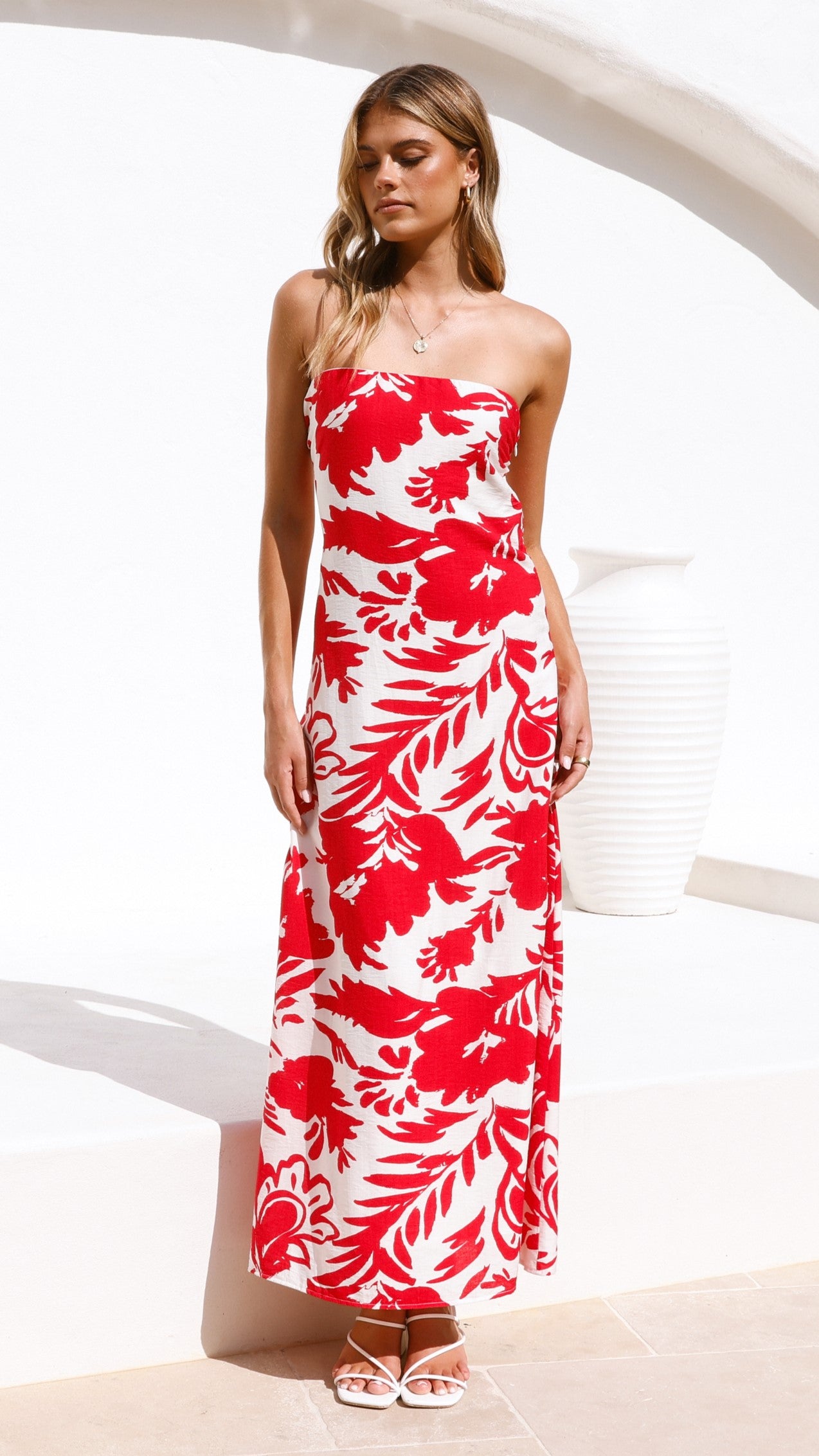 Uzma Strapless Maxi Dress - Red / White Print - Billy J