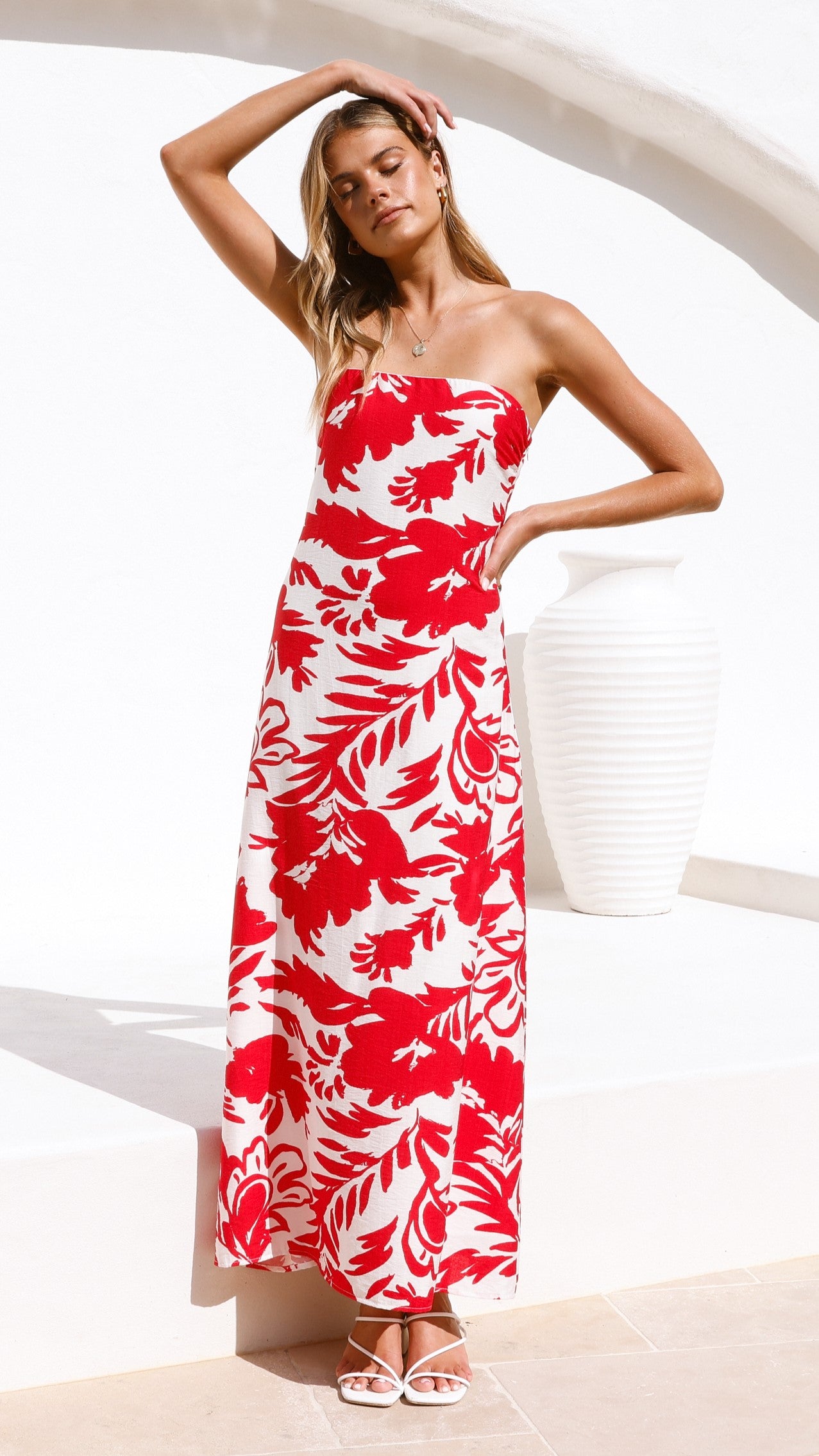 Uzma Strapless Maxi Dress - Red / White Print - Billy J