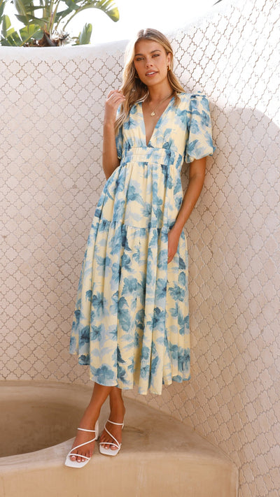 Load image into Gallery viewer, Erin Midi Dress - Yellow / Blue Floral - Billy J
