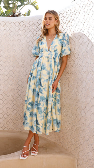 Load image into Gallery viewer, Erin Midi Dress - Yellow / Blue Floral - Billy J
