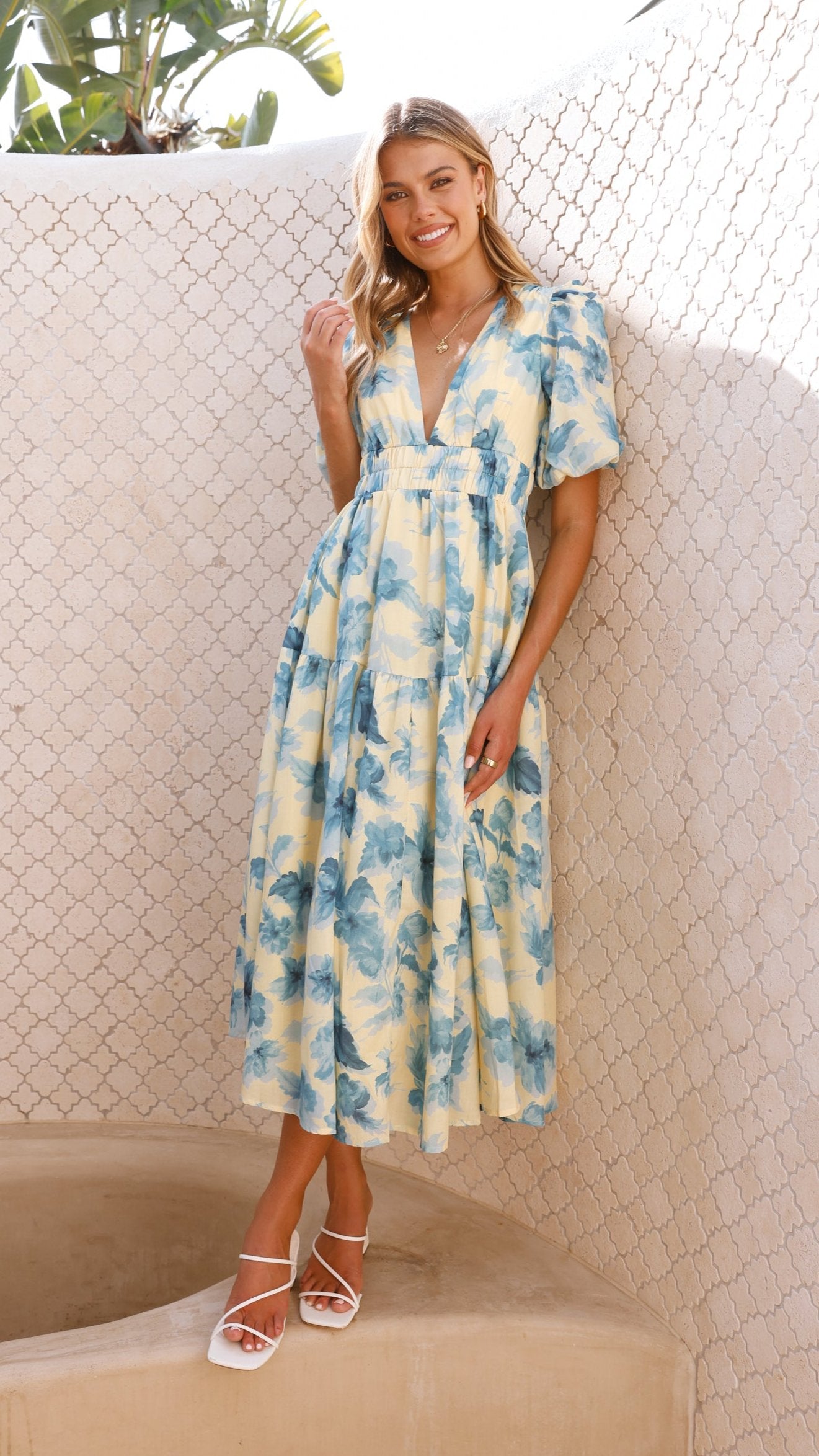 Erin Midi Dress - Yellow / Blue Floral - Billy J