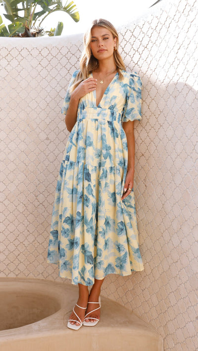 Load image into Gallery viewer, Erin Midi Dress - Yellow / Blue Floral - Billy J
