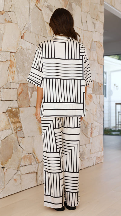 Load image into Gallery viewer, Macario Button Up Shirt and Pants Set - Beige / Black Geo Stripe - Billy J
