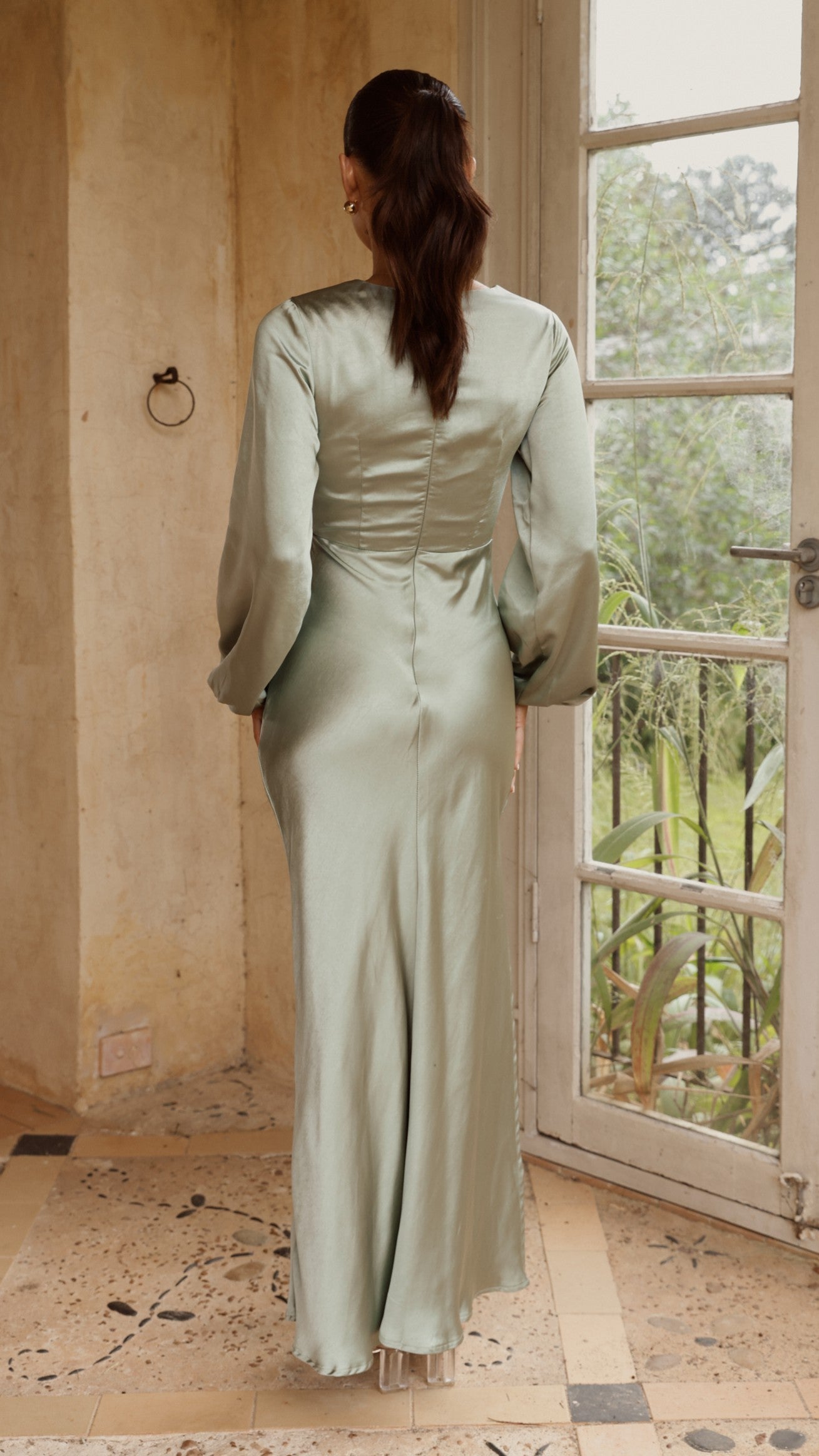 Ivy Long Sleeve Tie Front Maxi Dress - Sage - Billy J