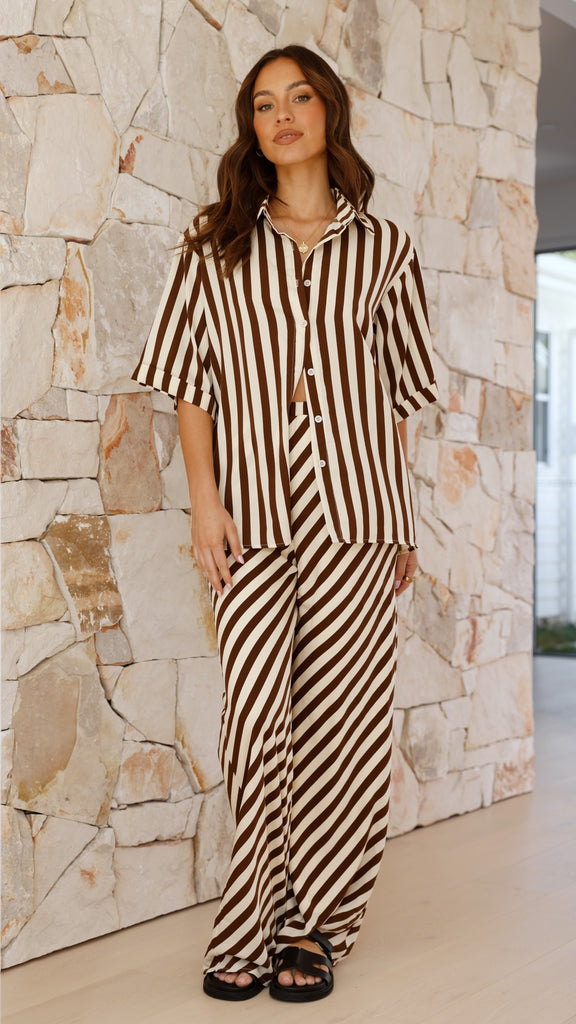 Mabyn Button Up Shirt and Pants Set - Beige / Brown Stripe