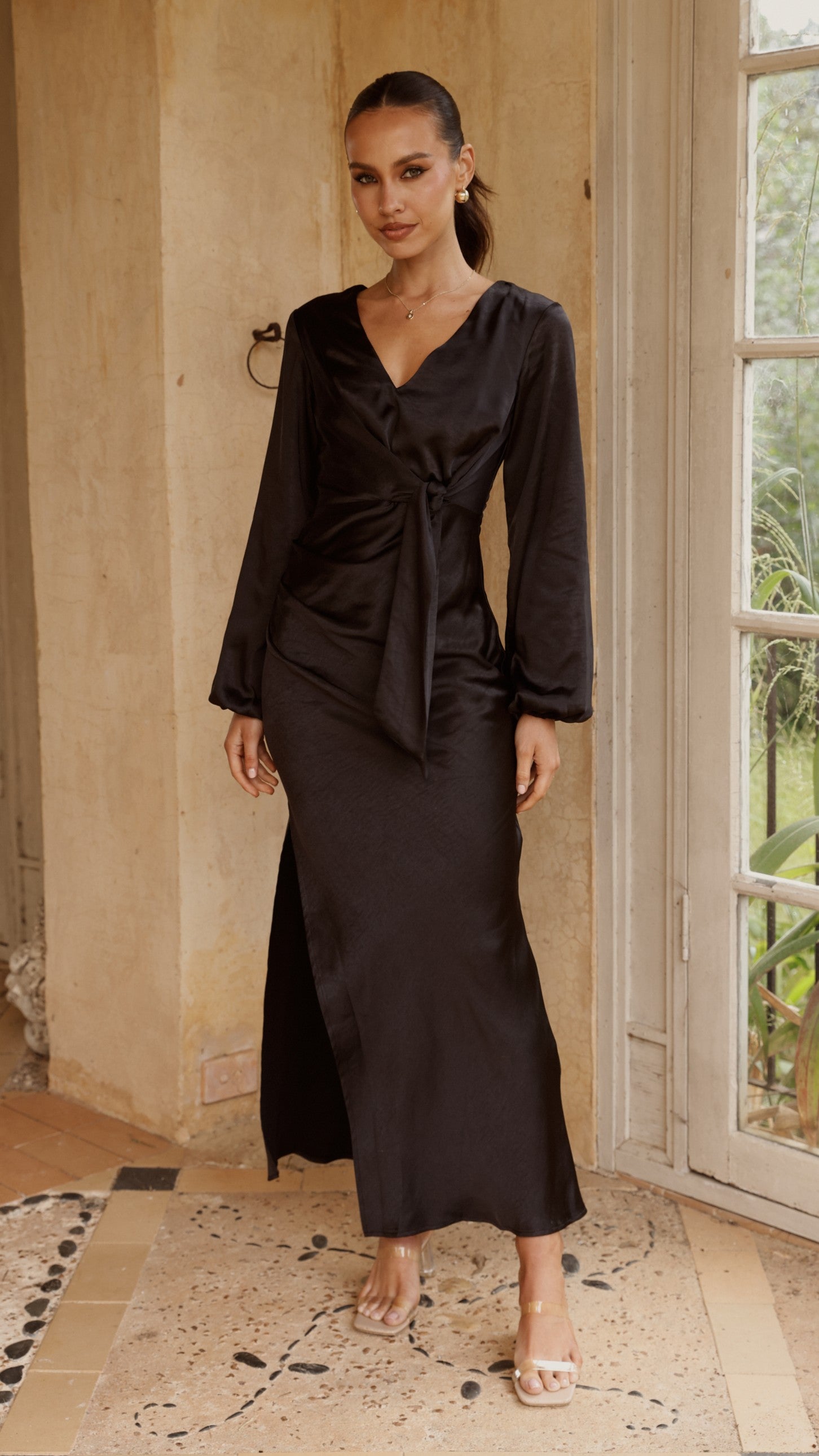 Ivy Long Sleeve Tie Front Maxi Dress - Black - Billy J