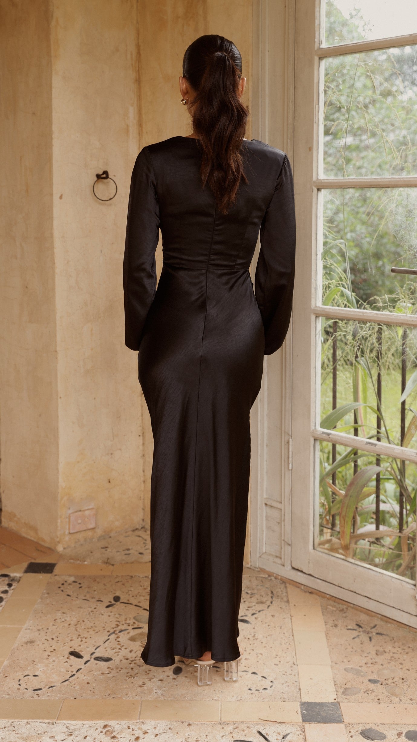 Ivy Long Sleeve Tie Front Maxi Dress - Black - Billy J